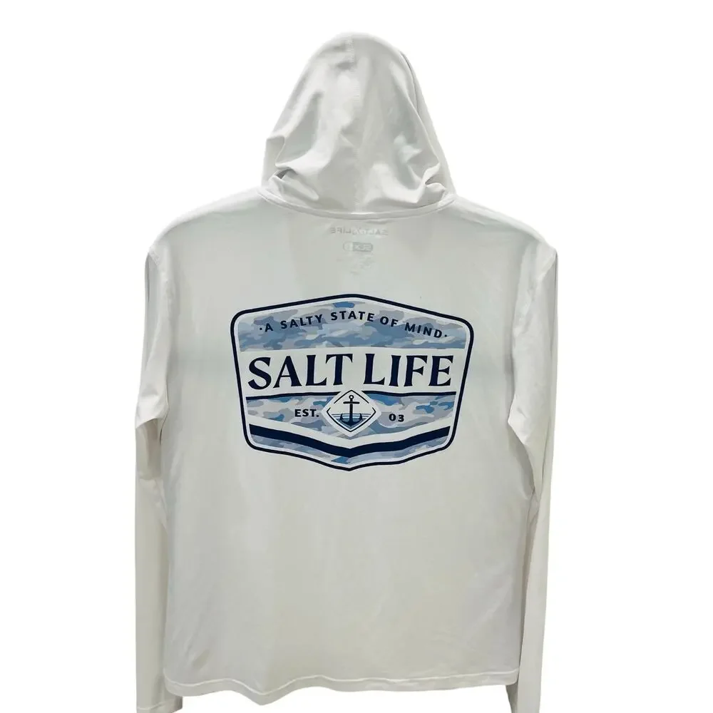 Salt Life Performance Hoodie Shirt Men Large L White Long Sleeve Sun Fishing UPF